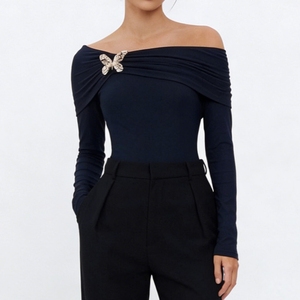 Women's Off Shoulder Ruched <strong>Bodysuit</strong> - Gold Butterfly Brooch Detail Long Sleeve Fitted Top T-Shirt Sehe Fashion - Product Image 1