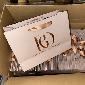 Custom Gold Foil Logo Rose Pink Cosmetic Products Packaging <strong>Paper</strong> Shopping <strong>Bags</strong> <strong>with</strong> Ribbon Handle - Product Image 6