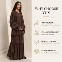 Abaya personnalisée en mousseline marron pour femme, manches ballon, jupe longue à volants, polyester respirant, OEM ODM, marque privée, tenue modeste de Dubaï