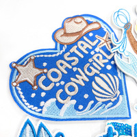 Série d'été : Patchs brodés plats bleus, thème Cowgirl côtière, style Cowboy côtier, en tissu brodé
