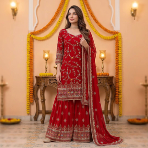Factory Price OEM Premium <b>Red</b> Heavy Work Sharara Suit Traditional Indian Pakistani Ethnic Wear Readymade Kurti Sharara Set Whole - Product Image 1