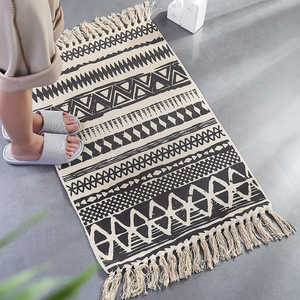 Black White Bath Mat, Woven Cotton Material With Tassel of <strong>Boho</strong> Bathroom Floor <strong>Rug</strong> - Product Image 1