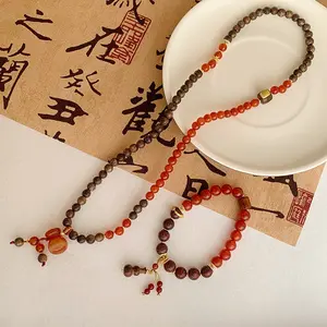 Pulseira de contas de madeira para joia da sorte estilo chinês, pulseira vintage de contas de pedra natural de ágata vermelha multicamadas, novidade