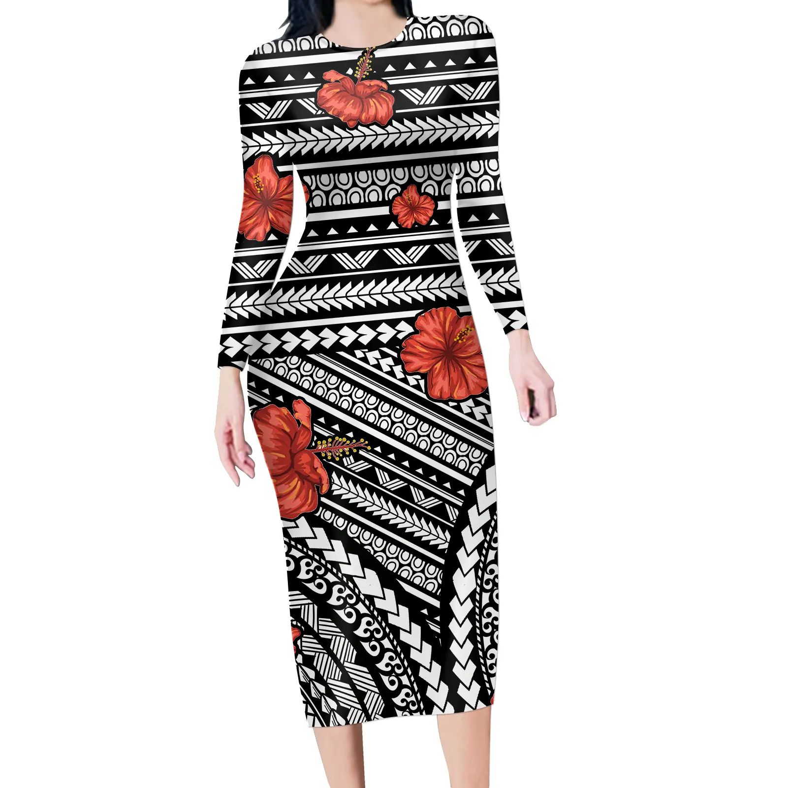 Hibiscus Polynesian Pattern Reggae Long Sleeve Dress Women Clothing Sexy Gradient Knee Length Bodycon Pullover Lady Party Dress