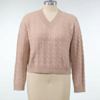 Pull court en maille torsadée à col en V pour femme, manches longues, coupe ample, décontracté