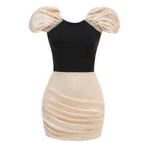 فستان حفلات نسائي ضيق باللون الأسود والمشمشي، بأكمام منتفخة مزينة بسلسلة ماسية، فستان ساتان جديد أنيق وعصري - Product Image 3