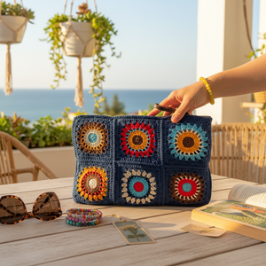 Sac à main en crochet fait main bleu marine personnalisé, motif carré Granny, fermeture éclair, style bohème, écologique, tendance estivale - Product Image 3