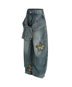 ZHEZHE Streetwear Jeans en denim ample <span class=keywords><strong>avec</strong></span> bretelles croisées, imprimé léopard et motif étoile - Nouveau style 2026, pantalon grande taille pour femmes - Product Image 6