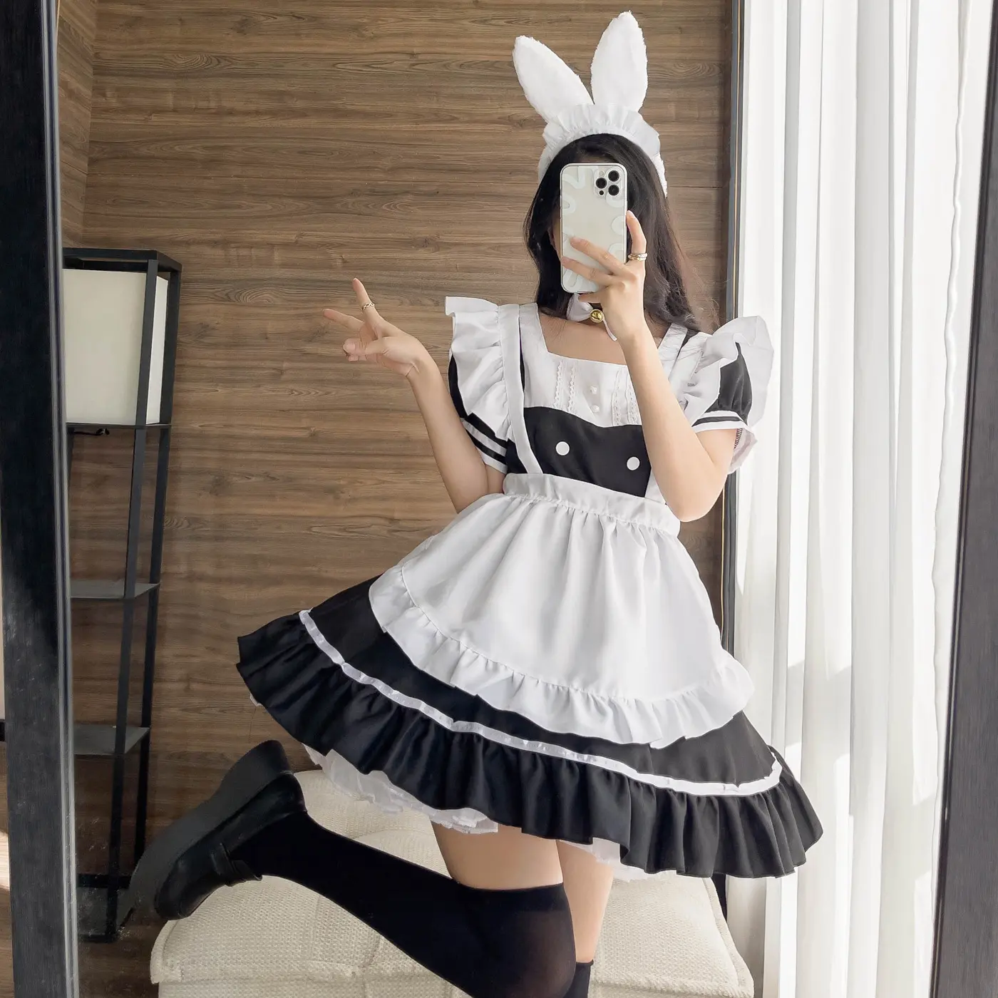 Vestido de mucama de Lolita para niñas, disfraz de Cosplay de aminas, S-5XL de escenario, color negro