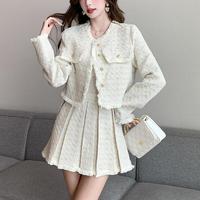 Automne décontracté deux pièces ensemble pour femmes personnalisé pur Polyester col rond bouton Blazer Mini jupe plissée solide rose Tweed costumes
