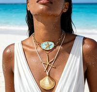 Colliers superposés en tissu à 3 couches, bijoux fantaisie OEM/ODM, imprimés colorés en soie, avec étoiles de mer dorées et coquillages cerises