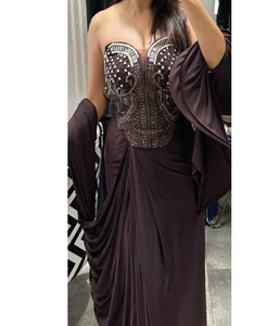 Modern <b>Brown</b> Saree Featuring <b>Corset</b> Style Blouse Elegant Indian Party Wear Ensemble Women Outfit Suitable For Festive Occasions - Product Image 1