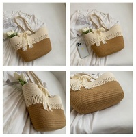 Bolso de Mano de Paja para Mujer, Color en Contraste, Lazo, Tejido, Informal, para Vacaciones, Playa