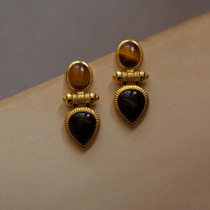 Pendientes Geométricos de Piedra Natural Hechos a Mano de Lujo Vintage <span class=keywords><strong>Hera</strong></span>, con Piedra Ojo de Gato y Ágata Negra, para Mujer - Product Image 1