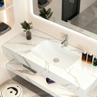 Meuble-lavabo mural de luxe moderne en marbre 2026 avec miroir de maquillage intelligent et robinet personnalisable pour salle de bain d'hôtel