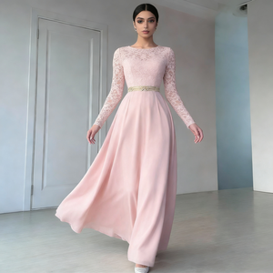 Robes de soirée maxi élégantes <span class=keywords><strong>pour</strong></span> femmes, en satin de dentelle rose clair, col rond, manches longues, ceinture dorée, <span class=keywords><strong>taille</strong></span> cintrée, silhouette évasée - Product Image 4