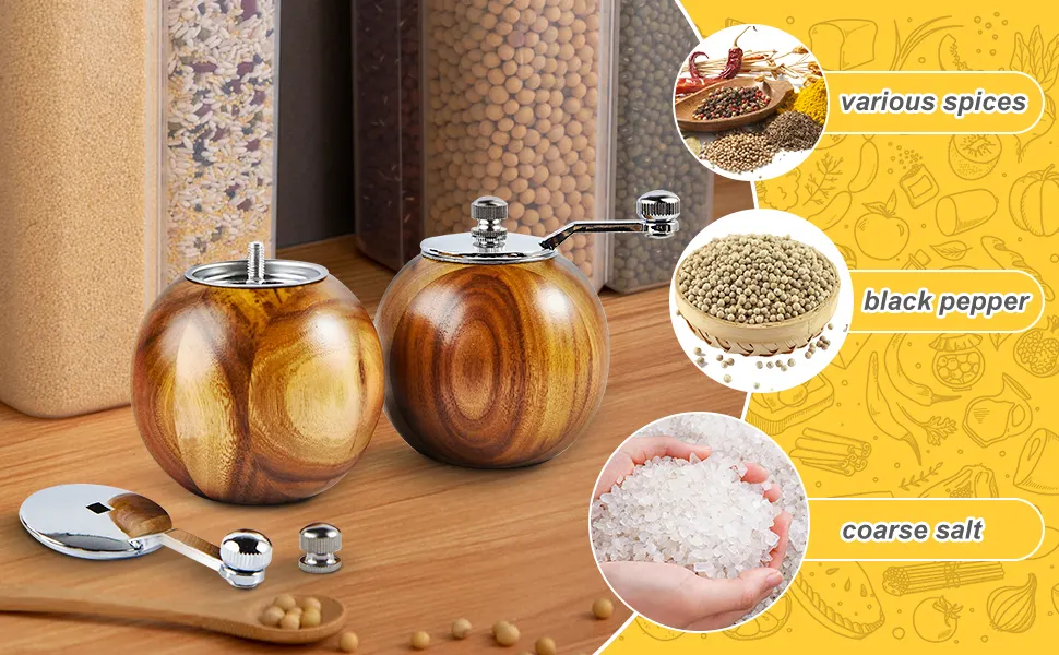 Refillable Round Ball Manual Cute Acacia Wood Salt   Pepper Grinder Mill with Hard Ceramic Grinding Mechanism for Spices  Seeds