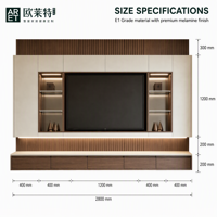 Unit TV Custom ARET - Walnut Parquet & Cream, Bagian Atas Berjeruji, Penyimpanan Samping, Lampu LED, Media Dinding Modern (LWH)