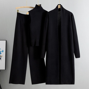 Ensemble de vêtements en tricot pour femmes, cardigan long, gilet à col haut, pantalon large, tenue trois pièces, mode printemps automne - Product Image 3