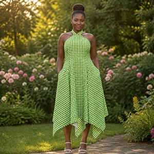 Falda larga informal de verano para mujer, con estampado a cuadros, sin mangas, con cuello halter, diseño irregular y <span class=keywords><strong>estilo</strong></span> <span class=keywords><strong>pañuelo</strong></span>, de longitud media a larga. - Product Image 5