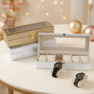 Boîte à montres de luxe à 6 emplacements en papier texturé métallique, étui de présentation or, argent, or rose avec fenêtre en verre, organisateur de bijoux et cadeaux - Product Image 1