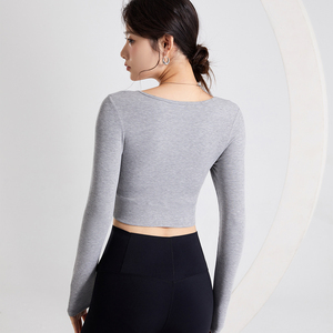Haut Court <span class=keywords><strong>Femme</strong></span> Ajusté Rembourré Printemps-Été Manches Longues Décontracté Col Cœur Teint Uni - Product Image 2