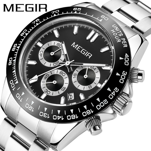 Megir 8104G 8104 Men Watch Brand Luxury Three Dials Sports Quartz Watches Stainless Steel Band Waterproof Chronograph Wristwatch