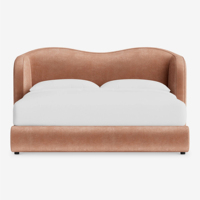 Lit double haut de gamme personnalisable en tissu et bois massif, style minimaliste français, avec tête de lit capitonnée, taille personnalisable