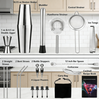 Ensemble de shaker à cocktails Boston en acier inoxydable 21 pièces - Kit d'outils de barman professionnel pour la préparation de boissons à la maison