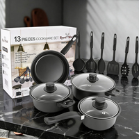 Ensemble de casseroles en fonte antiadhésives de 13 pièces pour la cuisine, avec couvercles en verre transparent, construction métallique, casseroles et poêles noires pour un usage domestique