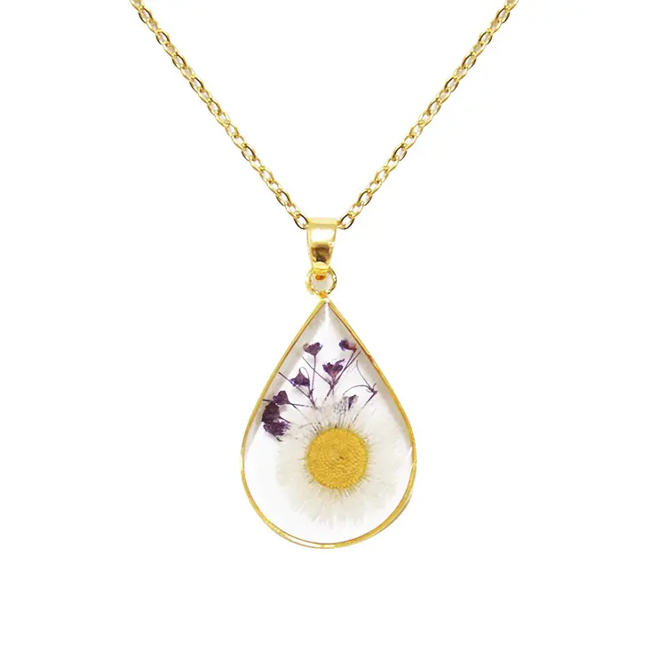 Gouttes dorées du mois série de fleurs fleurs séchées naturelles spécimens de plantes collier rose pendentif créatif