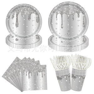 Ensemble de vaisselle jetable en papier avec paillettes argentées et diamants, assiettes, gobelets, serviettes, fournitures pour fêtes - Product Image 1