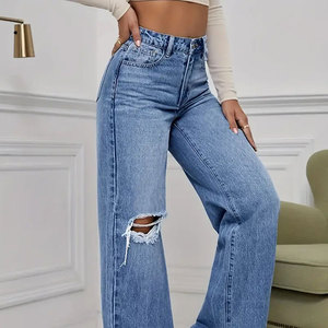 Jeans de Moda 2025 - Pantalones Vaqueros de Mezclilla para Mujer, Color Azul Claro, Cintura Alta, Largos hasta el Suelo, Desgastados, de Pierna Ancha y Recta - Product Image 3