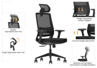 Chaise de bureau ergonomique à dossier haut en tissu noir moderne avec appuie-tête réglable, accoudoirs réglables, qualité hospitalière GK3-BH-02