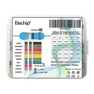 Eiecp Kit Resistor Film Logam, 600 Buah/Lot 30 Nilai 20 Buah 1% 1/4 W Menggunakan Resistensi Cincin Berwarna (10 Ohm ~ 1 M Ohm)