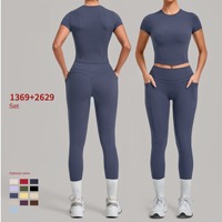 Ensemble de sport hautement élastique à taille haute et manches courtes en Spandex/Nylon, avec pantalon, pour le fitness en extérieur, effet push-up, séchage rapide, yoga