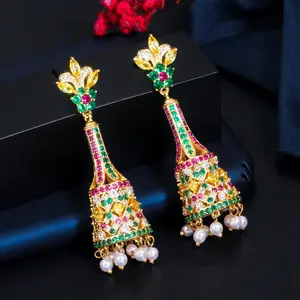 Luxury Indian Gold Plated Bead Tassel Gypsy Dangle Drop Long Bell Earrings for Women Green Cubic Zirconia Party Costume Jewelry