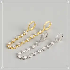 bijoux double pierce femmes earing Suppliers-Dylamam — boucles d'oreilles Piercing en Zircon transparent, longue boucle d'oreilles pendante, composants argenté pour femmes, Clip en diamant, hypoallergénique en strass