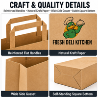 Sac en papier kraft personnalisé avec logo, poignée plate, pour emballage alimentaire à emporter, idéal pour restaurants, plats à emporter et boulangeries