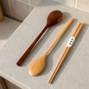 Ensemble de couverts en bois réutilisables avec logo personnalisé OEM, design contemporain, finition laquée naturelle, y compris baguettes et cuillère, pour la rentrée scolaire - Product Image 3
