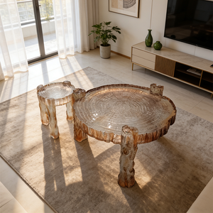 Ensemble de table basse moderne de luxe en résine transparente, table d'appoint ronde à grain de bois transparent pour salon, mobilier nordique - Product Image 3