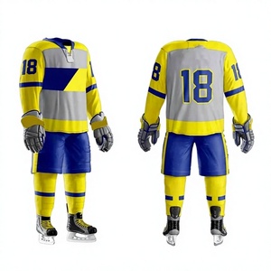 Uniforme de hockey sobre hielo personalizado amarillo y azul para hombre, transpirable, de poliéster, para equipo, con detección de agujas y fusión sin costuras - Product Image 3
