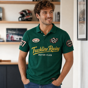 เสื้อเชิ้ตผู้ชายสไตล์วินเทจสำหรับแฟนมอเตอร์ไซค์และนักขี่มอเตอร์ไซค์ ผ้าปิเก้ถักแขนสั้น ปักลายหลายจุด พร้อมตราสัญลักษณ์แบบกำหนดเอง ODM - Product Image 2