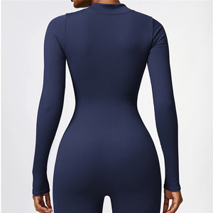 Wholesale Sports Jumpsuits Long Sleeve Zipper Elastic Yoga Ribbed Overalls Women Activewear Workout <strong>Clothes</strong> Dancing Jumpsuit - Product Image 5