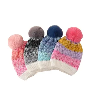 Grosir topi rajut anak-anak, benang banyak warna dengan Pompom dan lapisan bulu Sherpa