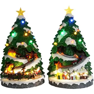 Atacado Led Christmas Village casa Musical Christmas LED Tree Shop com Função Turning para decoração sazonal e presente