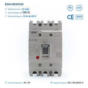 Disjoncteur magnétique BZM 160A 3P 25kA 400V AC industriel 50/60Hz MCCB pour distribution industrielle - Product Image 1