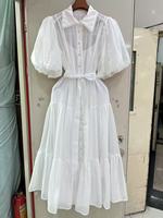 2025 printemps élégant femmes Vintage français vert Maxi robe taille haute bouton à volants manches bouffantes taille naturelle Style doux