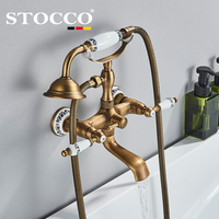Robinet de baignoire mural STOCCO en laiton antique avec poignée en céramique, mitigeur de douche vintage avec douchette téléphonique pour salle de bain et hôtel