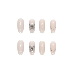 24 faux ongles ovales moyens en ABS, nude scintillant, avec motif papillon noir, à presser, vente en gros - Product Image 5